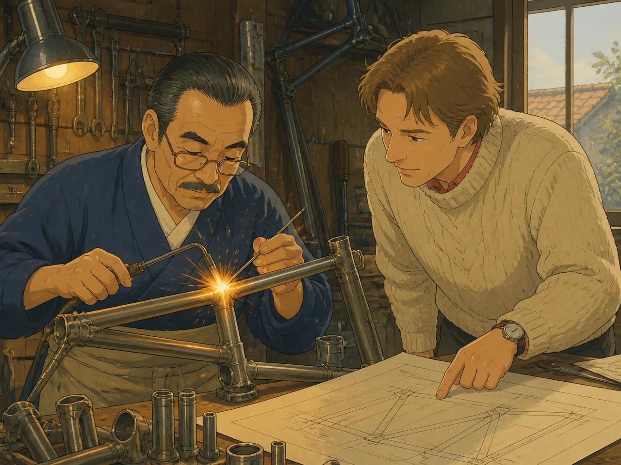 Archival-style photograph of a Japanese frame builder and a Dutch designer examining a steel bicycle frame together