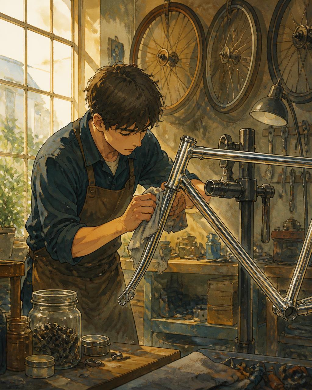 Mechanic polishing the chrome lug of a vintage steel bicycle frame in the In de Haak workshop